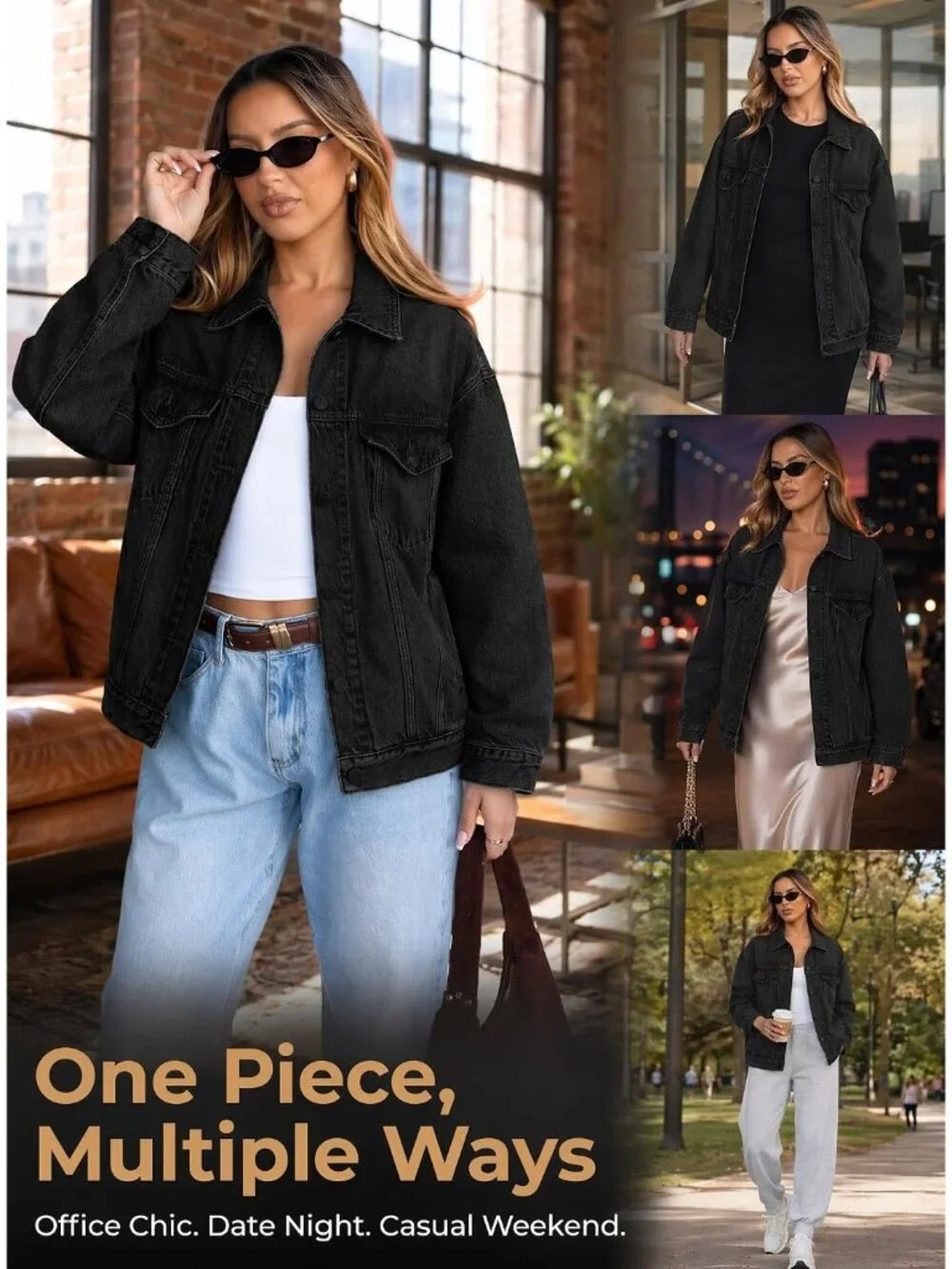 Women's Black Oversized Casual Trucker Jeans Jacket Long Sleeve Button Down Coat